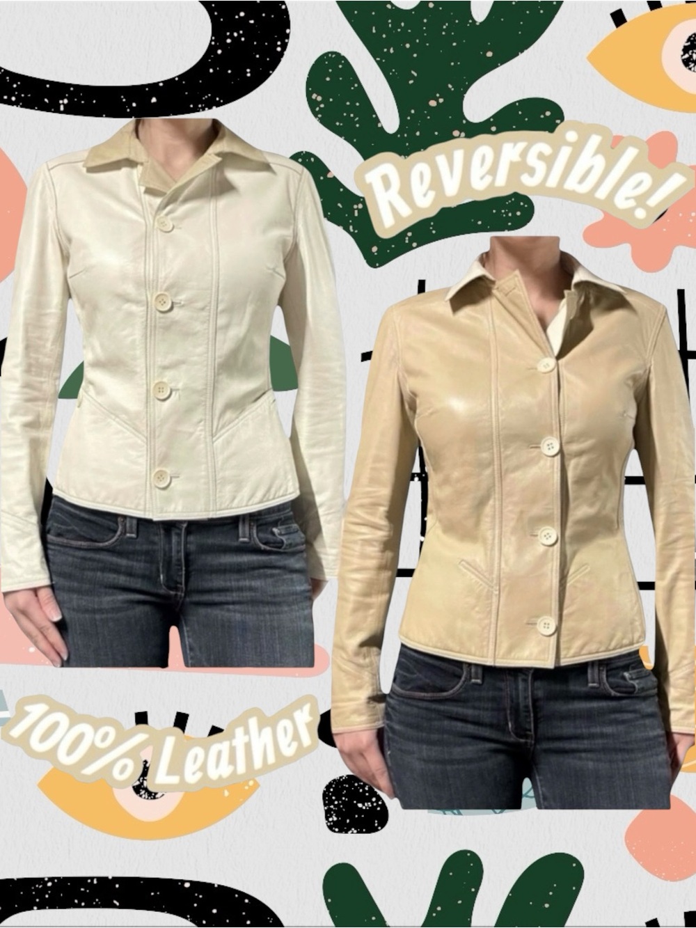 Vintage White/Beige Reversible Genuine 100% Leather Button Front Jacket